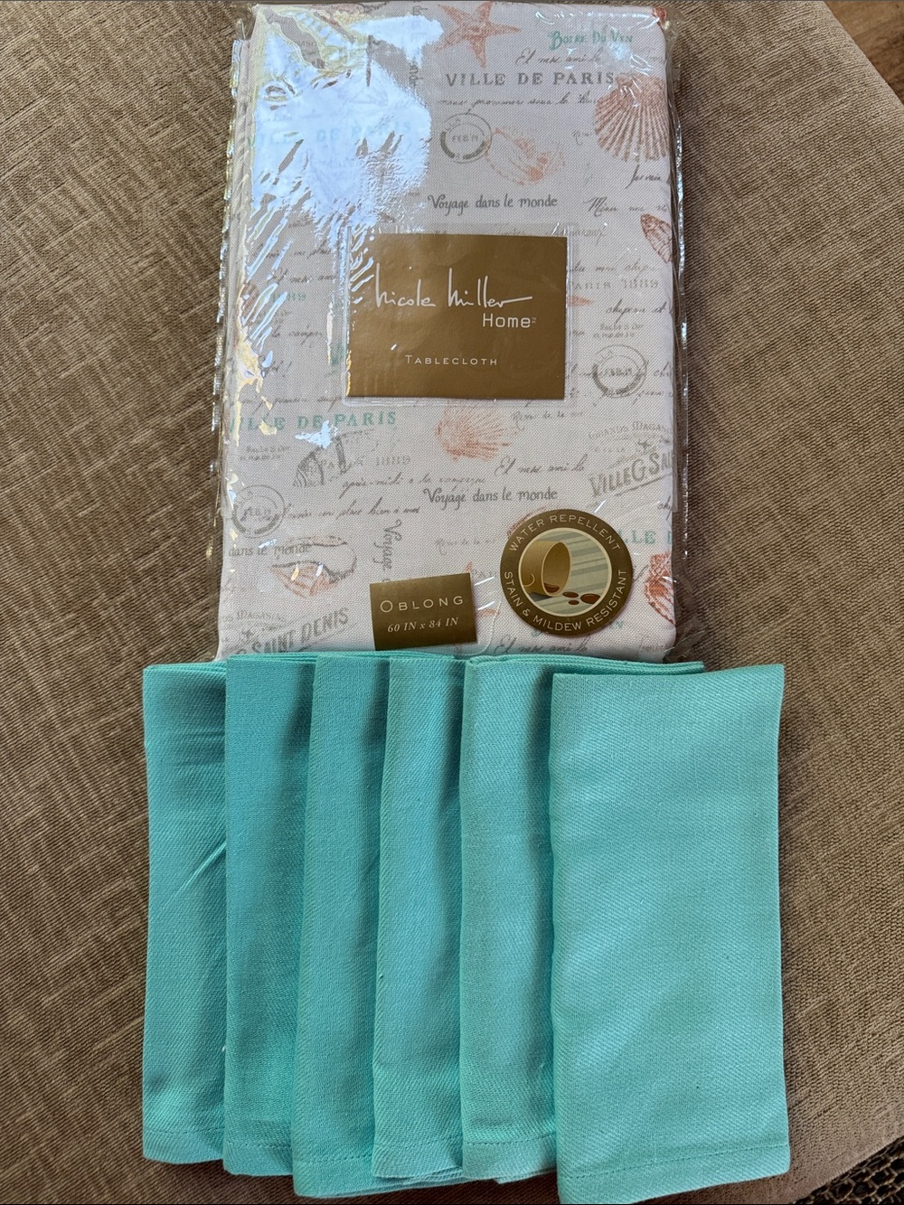 Nicole Miller Home Tablecloth Paris Motif & Aqua Cotton Napkin Set 6. NEW ✨